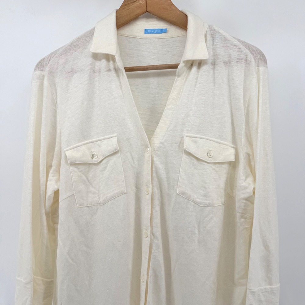 J.McLaughlin Cream Linen Blend Button Down Shirt 3/4 Sleeve Utility Pockets L